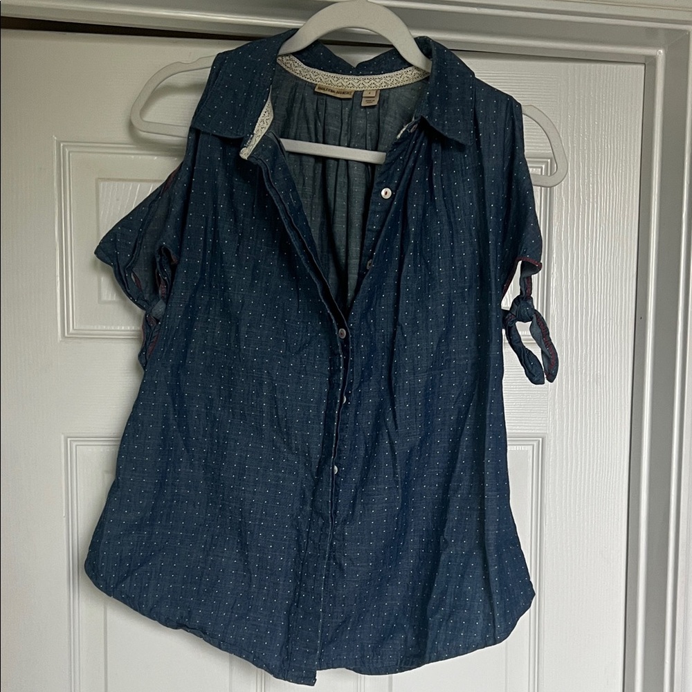 Anthropologie Blue Button-Down Shirt with Cut-Out Sleeves 100% Cotton